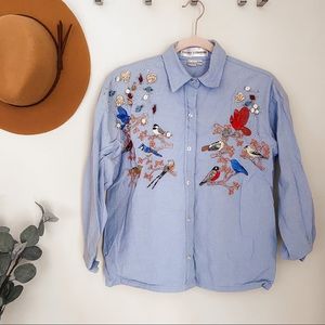 Casey Coleman Vintage Rare Embroidered Bird Chambray Button Up Shirt